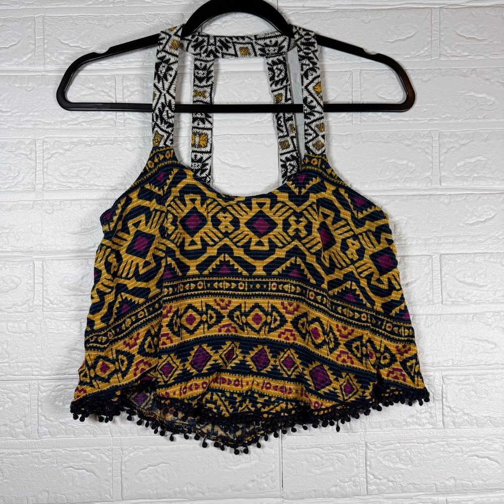 Xhilaration Crop Top Women Medium Yellow Tribal Print Pom Pom Strappy Back